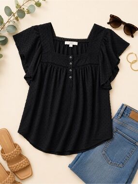 LOFT Black Swiss Dot Flutter Sleeve Square Neck Blouse Size S
